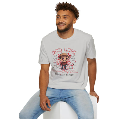 Man wearing Freddy Krueger Halloween tee with chibi design and Elm Street Dream Clinic print.