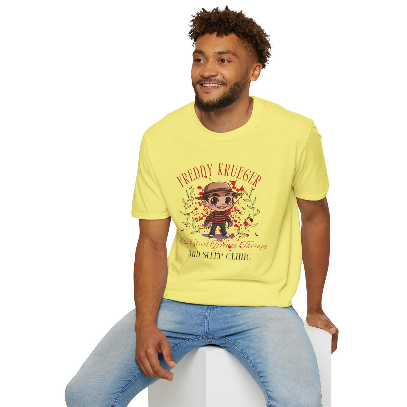 Freddy Krueger Halloween tee featuring a chibi design, perfect for horror lovers and spooky gatherings.