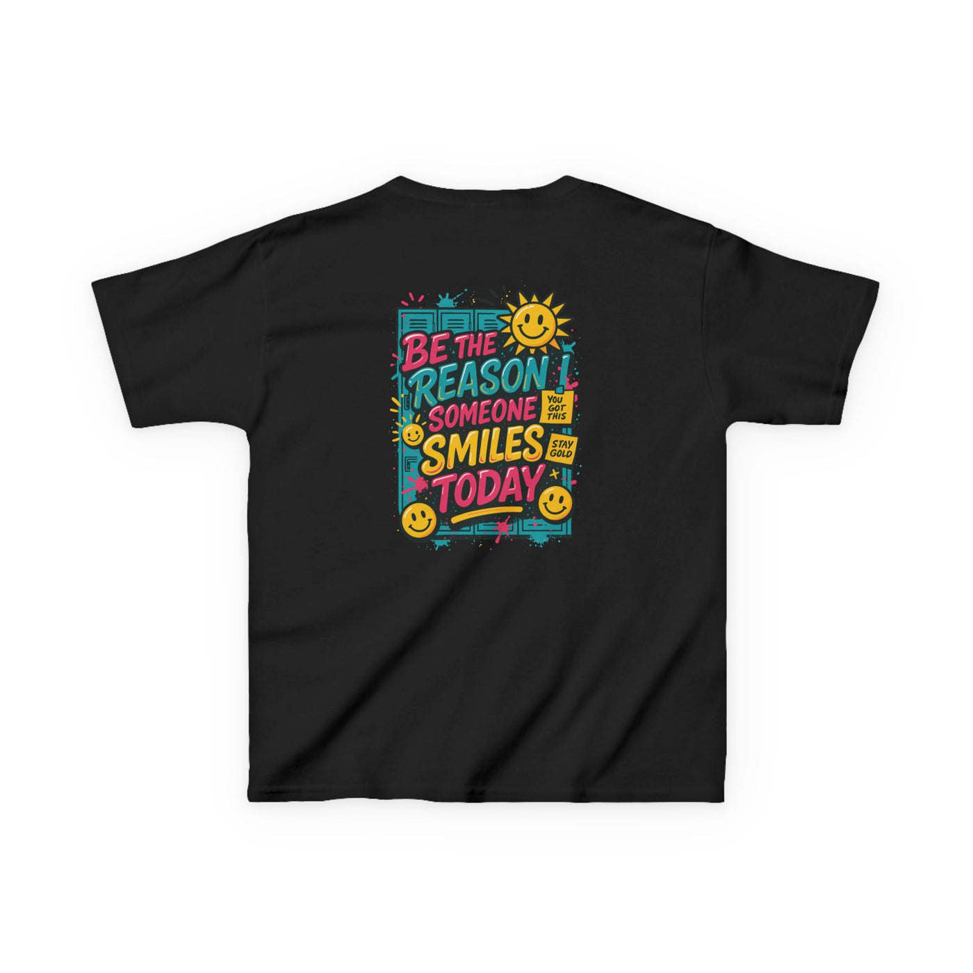 Back view of a kids' motivational t-shirt featuring colorful text 'Be The Reason Someone Smiles Today' with a cheerful sun.