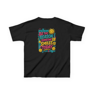 Back view of a kids' motivational t-shirt featuring colorful text 'Be The Reason Someone Smiles Today' with a cheerful sun.
