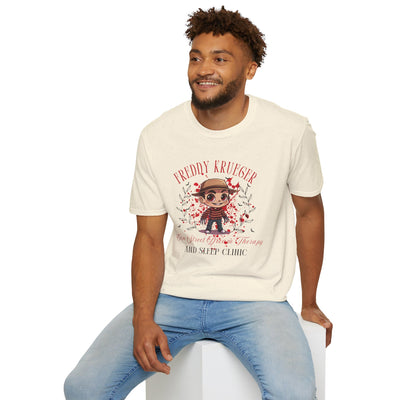 Freddy Krueger Halloween tee featuring chibi design and 'Elm Street Dream Therapy' print on model.