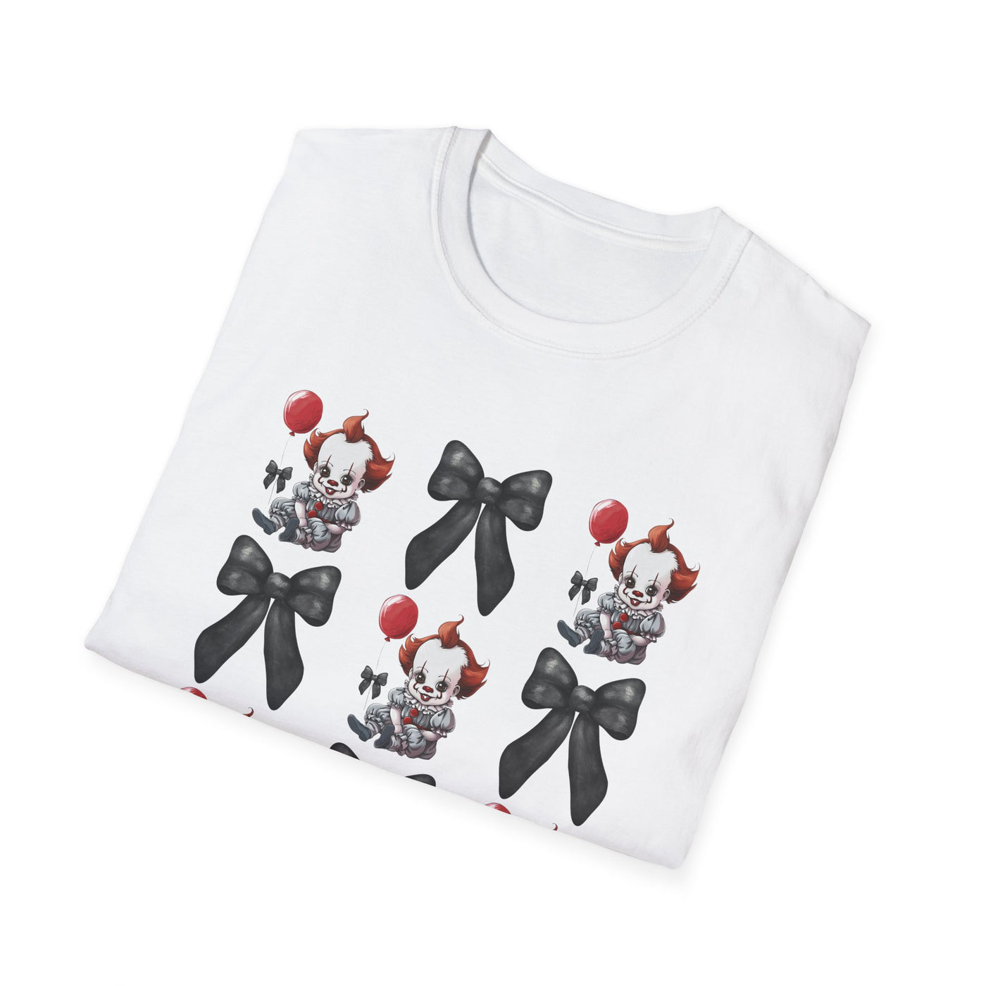 Pennywise & Bows Halloween T-Shirt folded display, featuring spooky graphics and gothic black bows for horror lovers.