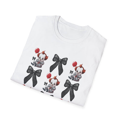 Pennywise & Bows Halloween T-Shirt folded display, featuring spooky graphics and gothic black bows for horror lovers.