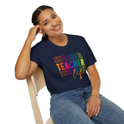 “Teacher Life” Rainbow Tee – Colorful Back-to-School Shirt for Educators 🍎✨