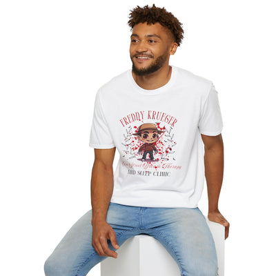 Man wearing Freddy Krueger Halloween tee with chibi design, featuring Elm Street Dream Therapy and Sleep Clinic.