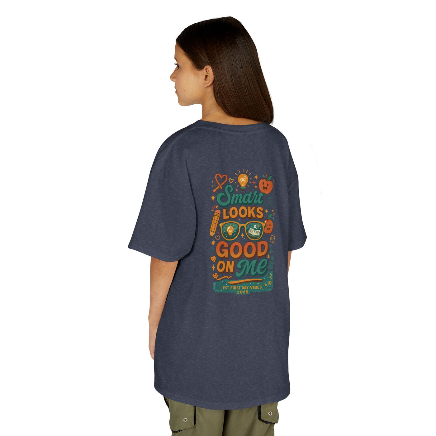 Child wearing Smart Looks Good On Me motivational tee for back-to-school season, featuring vibrant back design.
