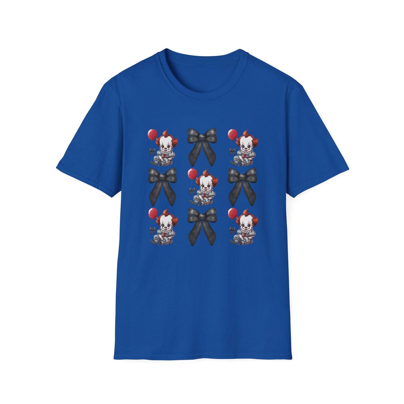 Pennywise & Bows Halloween T-shirt featuring spooky graphics on a blue tee for horror lovers.