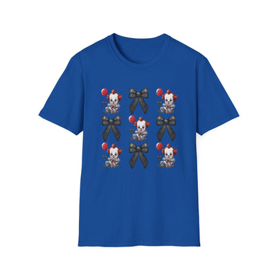 Pennywise & Bows Halloween T-shirt featuring spooky graphics on a blue tee for horror lovers.