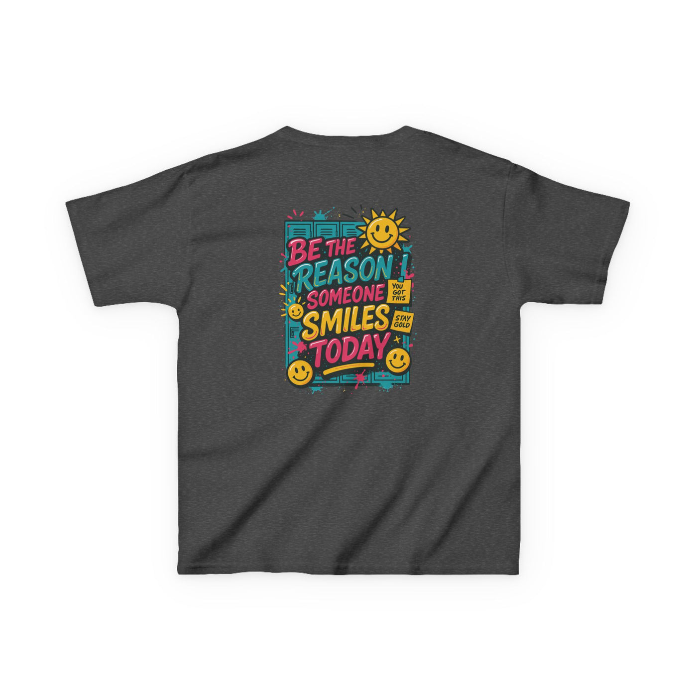 Kids motivational back-to-school tee featuring a cheerful graphic saying 'Be The Reason Someone Smiles Today' on a dark shirt.