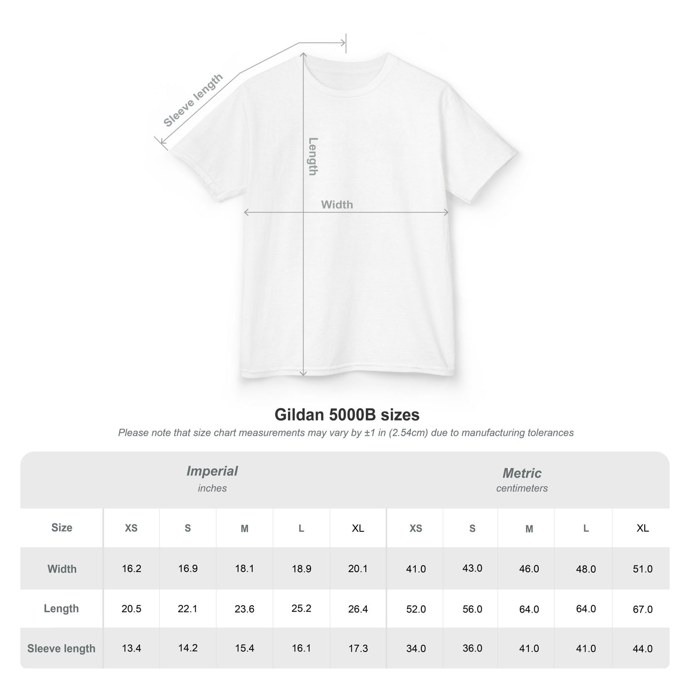 Size chart for Gildan 5000B t-shirt showing measurements for kids' sizes in both imperial and metric units.