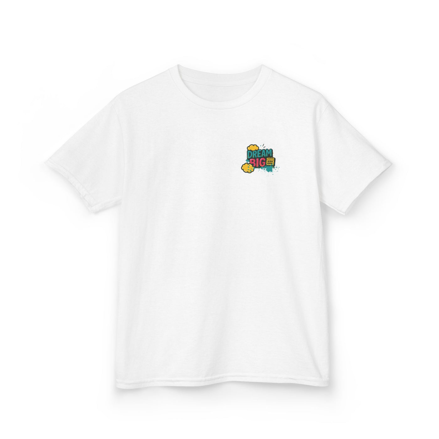 White kids tee featuring "Dream Big" motivational design, perfect for back-to-school inspiration and comfort.