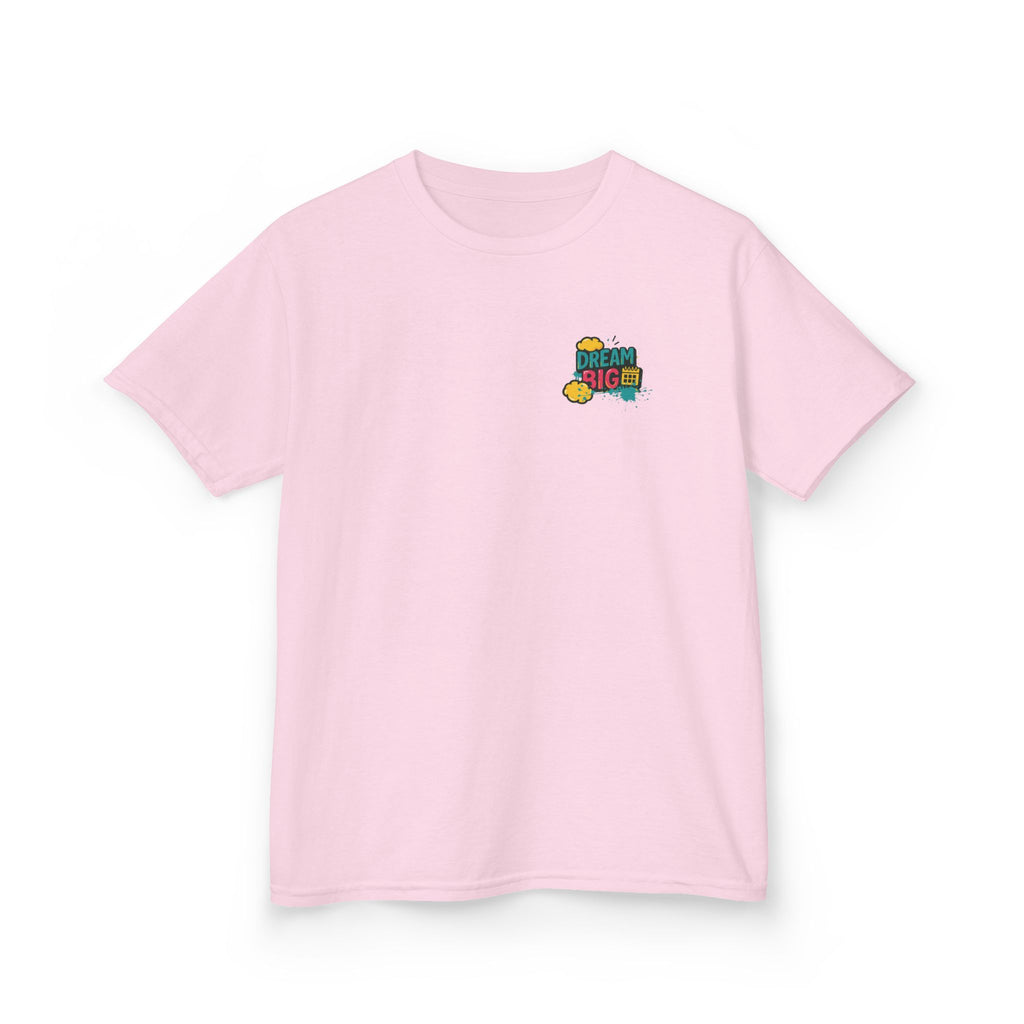 Pink kids tee featuring 'Dream Big. Show Up. Repeat.' motivational design, perfect for back-to-school inspiration.