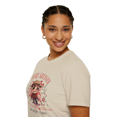 Model wearing Freddy Krueger Halloween tee featuring chibi design for Elm Street Dream Clinic.