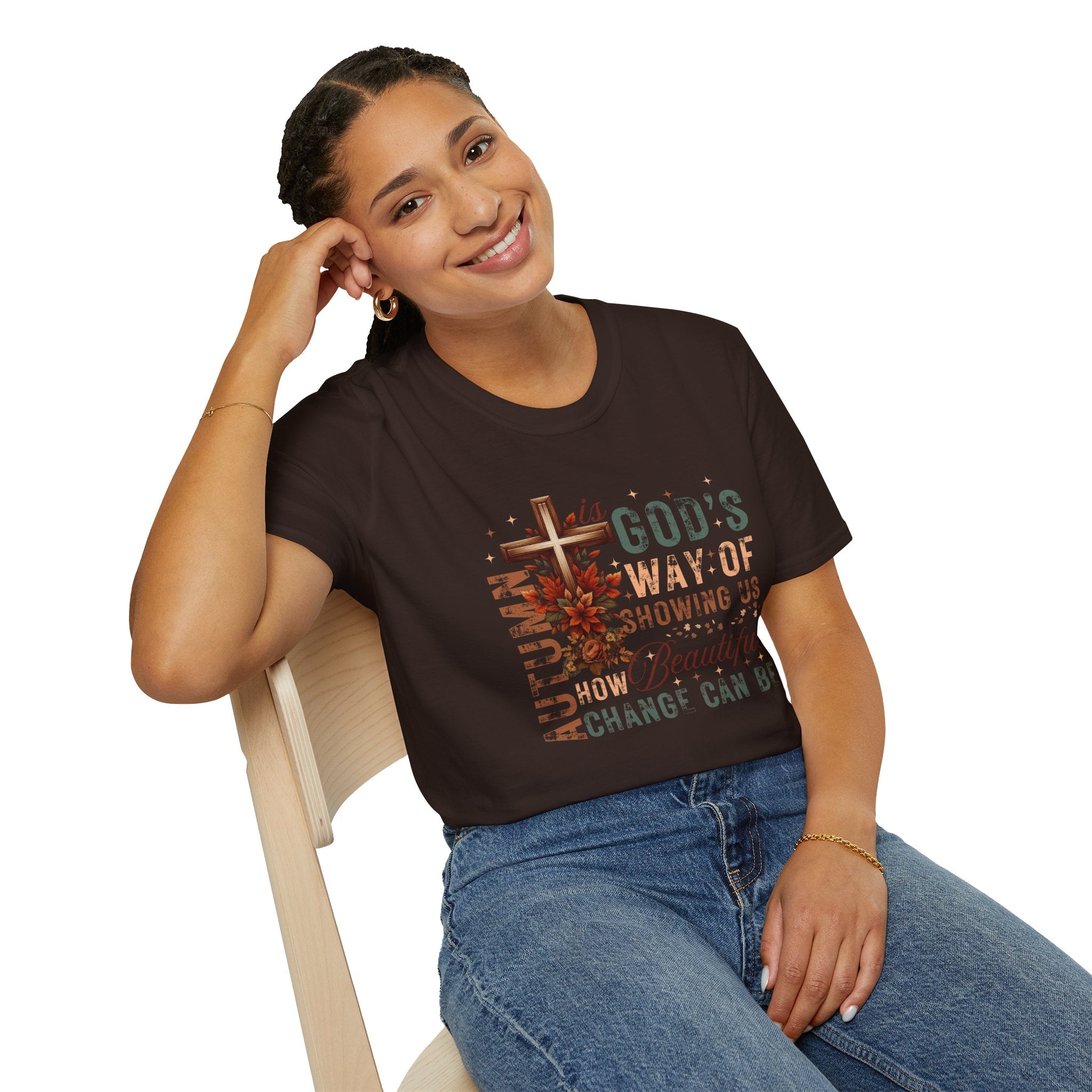 Smiling woman wearing a fall-inspired tee, featuring the message 'God's Way of Showing Us How Beautiful Change Can Be'.