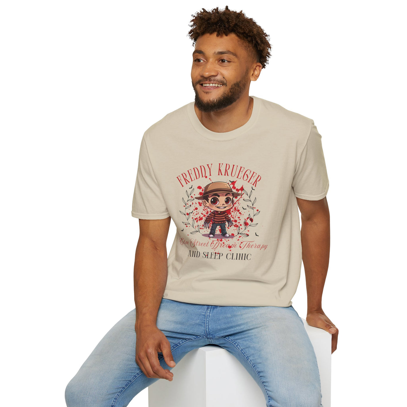 Man wearing Freddy Krueger chibi Halloween tee with Elm Street Dream Therapy design, perfect for horror fans.