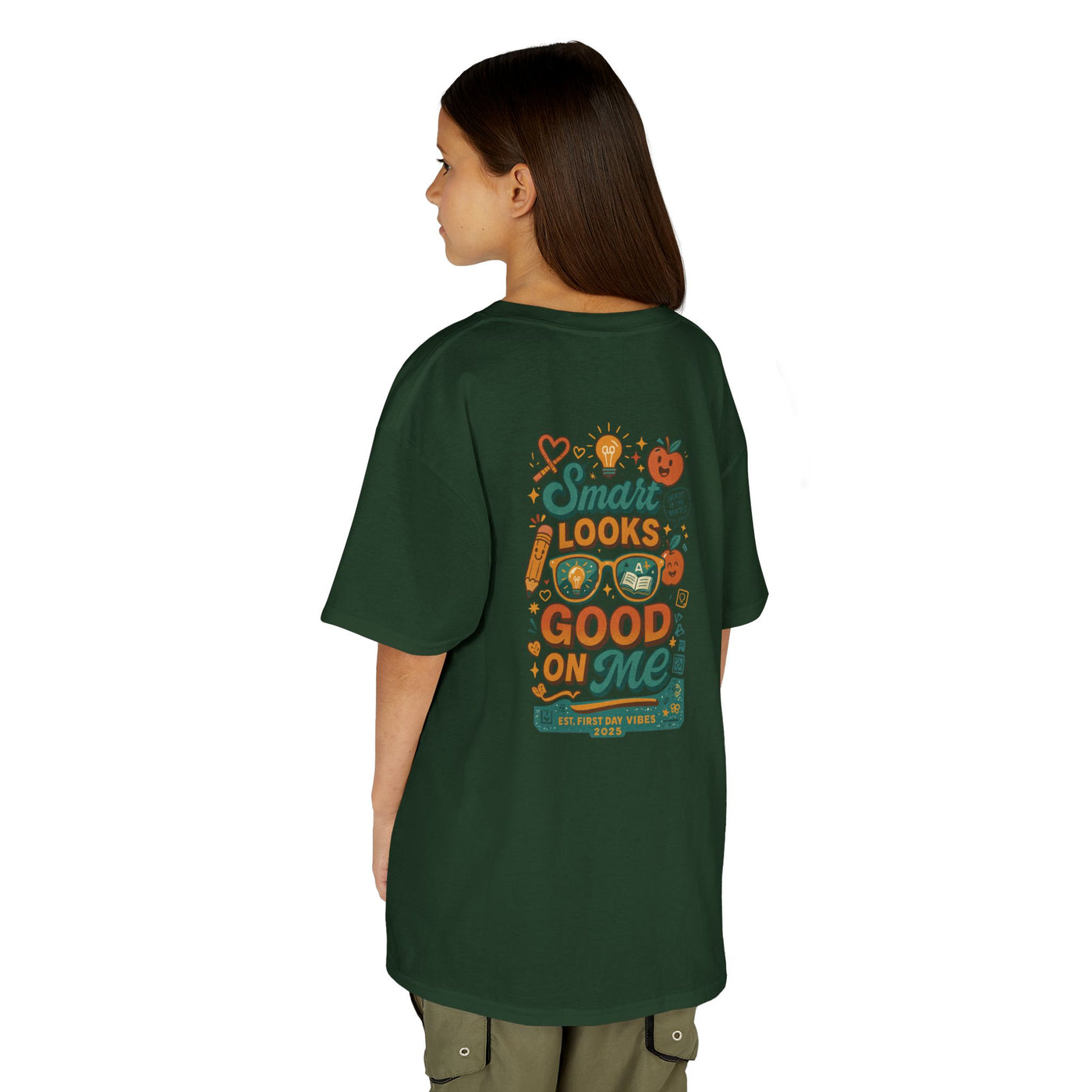 Back view of a green kids tee with 'Smart Looks Good On Me' empowering design, perfect for back-to-school.