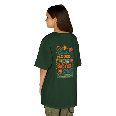 Back view of a green kids tee with 'Smart Looks Good On Me' empowering design, perfect for back-to-school.