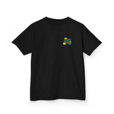 Black kids t-shirt with 'Dream Big. Show Up. Repeat.' motivational design for back-to-school inspiration.