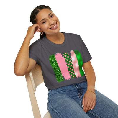 Pink & Green Brushstroke Sorority-Inspired T-Shirt – Glitter, Glam, & Greek Pride