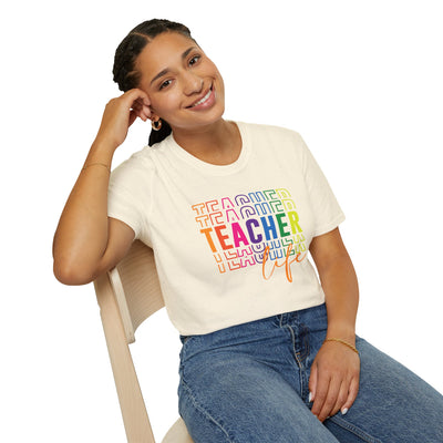 “Teacher Life” Rainbow Tee – Colorful Back-to-School Shirt for Educators 🍎✨