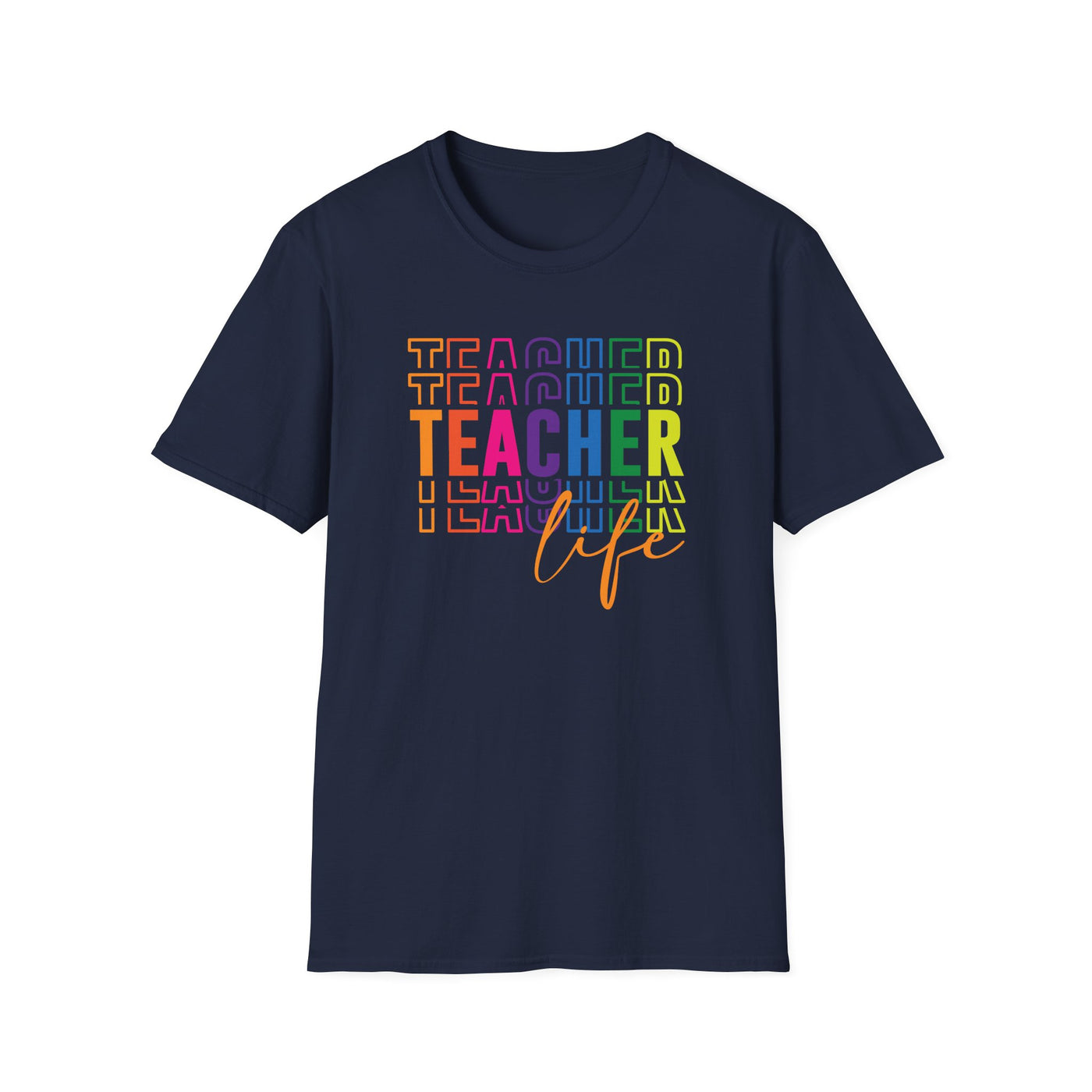 “Teacher Life” Rainbow Tee – Colorful Back-to-School Shirt for Educators 🍎✨
