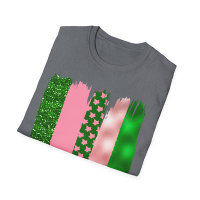 Pink & Green Brushstroke Sorority-Inspired T-Shirt – Glitter, Glam, & Greek Pride