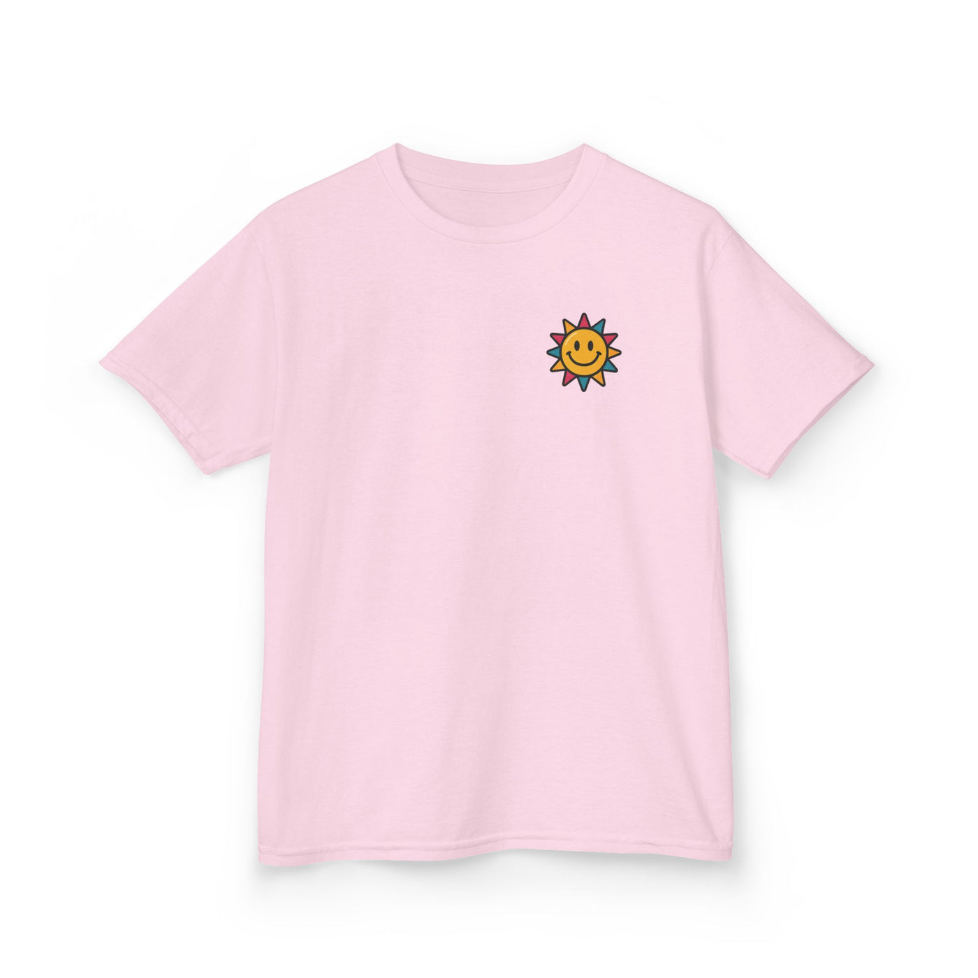 Kids pink t-shirt with cheerful sun graphic, perfect for spreading positivity and motivation.