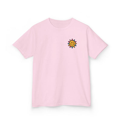 Kids pink t-shirt with cheerful sun graphic, perfect for spreading positivity and motivation.