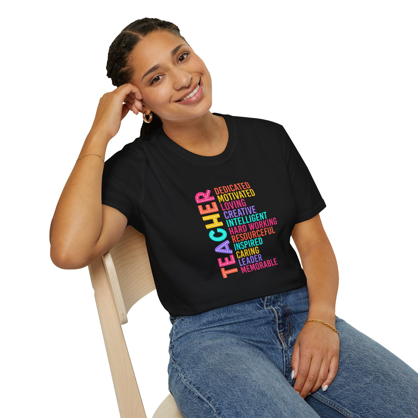 “TEACHER” Word Art Tee – Bold, Bright, and Built for Educators Who Inspire