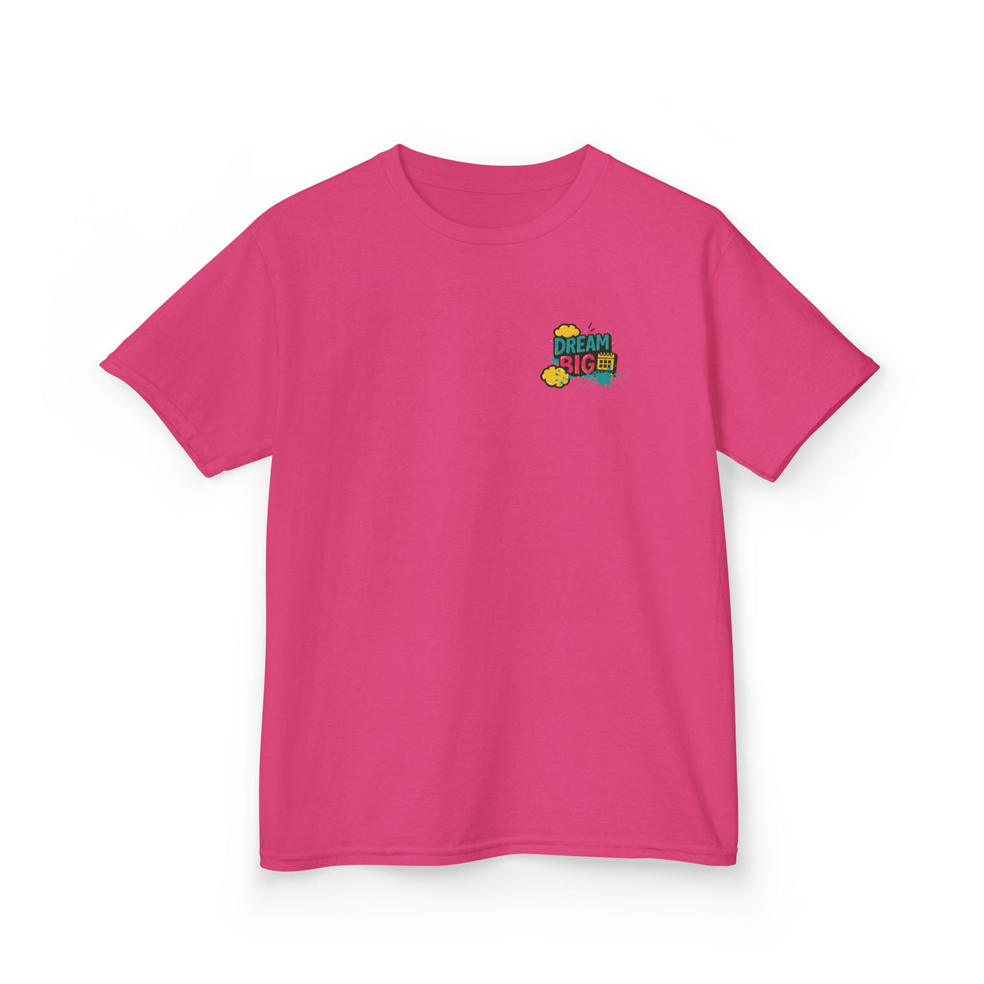 Pink kids tee with 'Dream Big. Show Up. Repeat.' motivational design, perfect for back-to-school confidence.