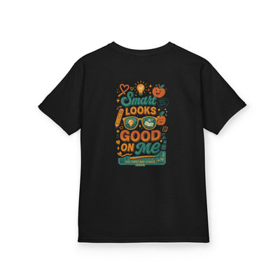 Back view of a black kids tee featuring motivational text 'Smart Looks Good On Me' with colorful graphics.