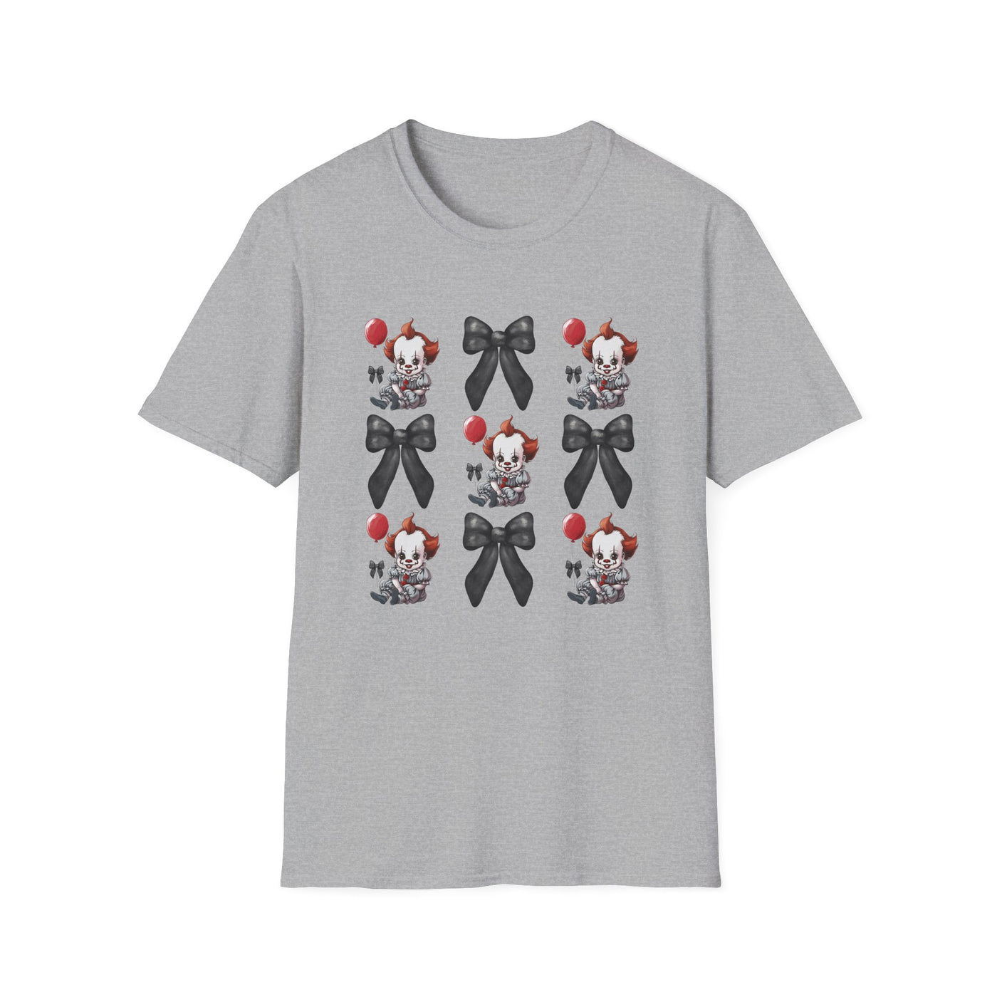 Pennywise & Bows Halloween T-Shirt featuring spooky graphics and cute black bows on a grey background.