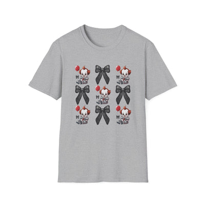 Pennywise & Bows Halloween T-Shirt featuring spooky graphics and cute black bows on a grey background.