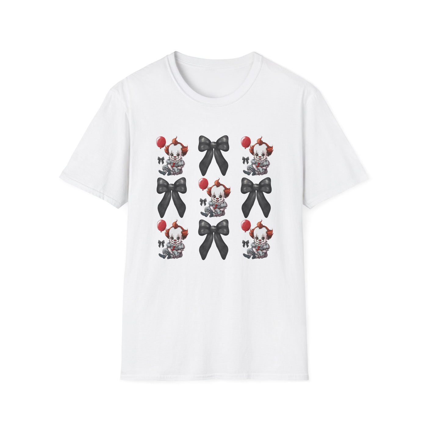 Pennywise & Bows Halloween Tee featuring spooky clown graphics and gothic black bows on a white shirt.