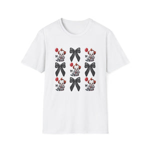 Pennywise & Bows Halloween Tee featuring spooky clown graphics and gothic black bows on a white shirt.