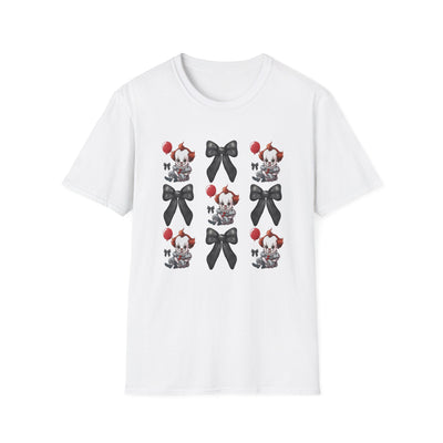 Pennywise & Bows Halloween Tee featuring spooky clown graphics and gothic black bows on a white shirt.