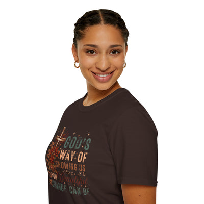 Smiling woman wearing Autumn Is God's Way tee with fall colors and inspirational message about change.