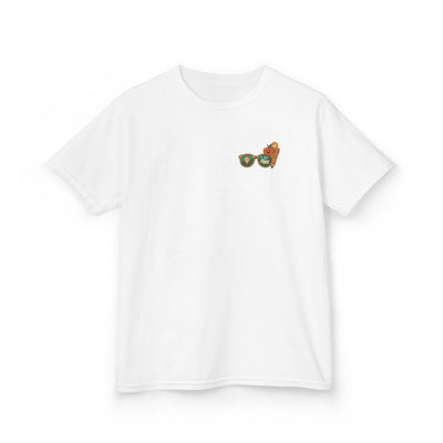 White kids t-shirt with playful graphic design featuring sunglasses and a cute character.