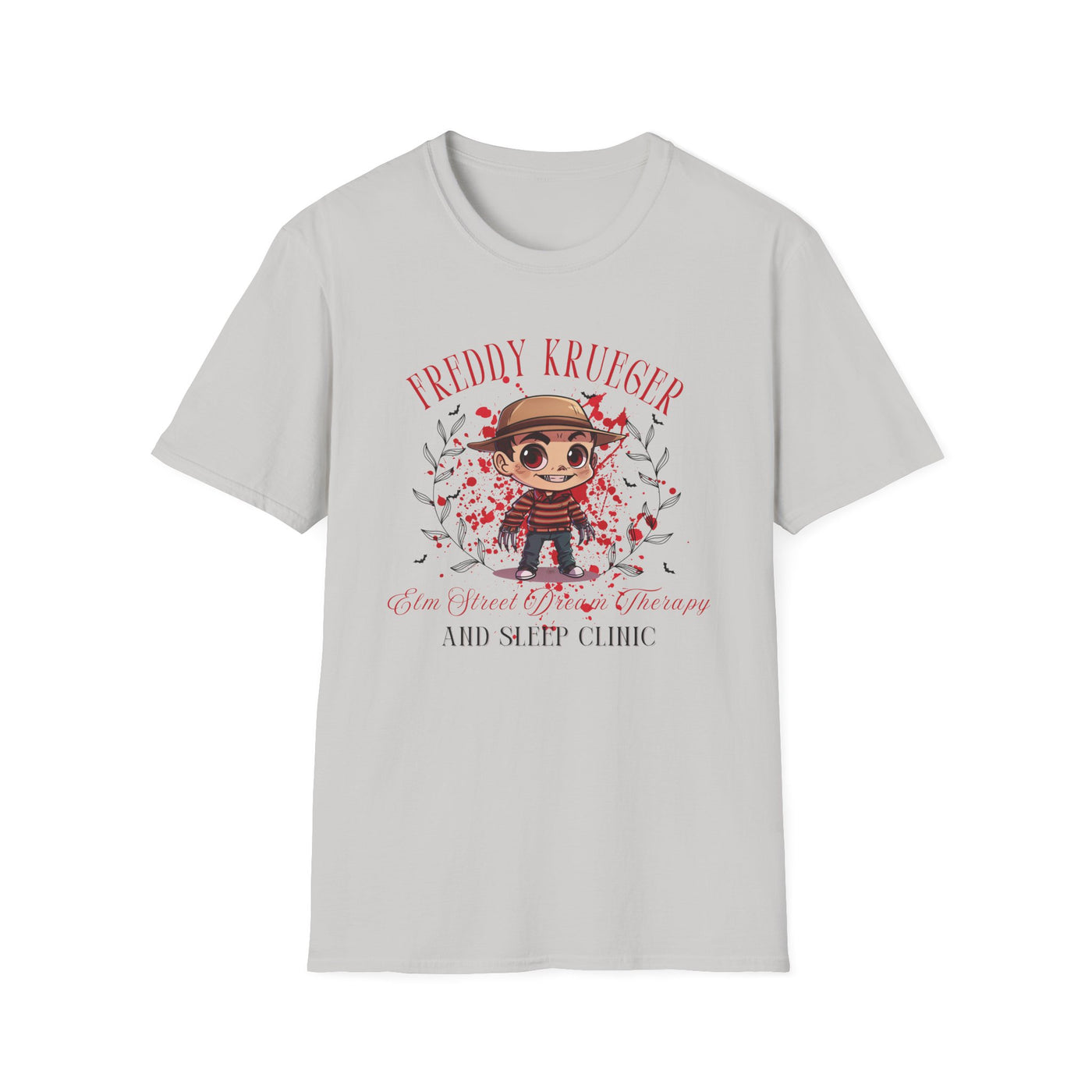 Freddy Krueger Halloween tee featuring chibi character and Elm Street Dream Therapy graphic, perfect for spooky season.