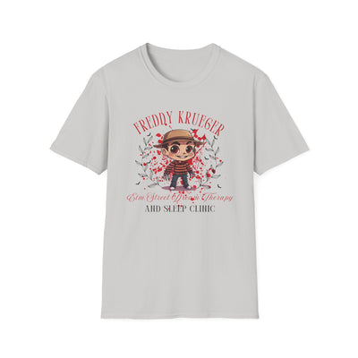 Freddy Krueger Halloween tee featuring chibi character and Elm Street Dream Therapy graphic, perfect for spooky season.