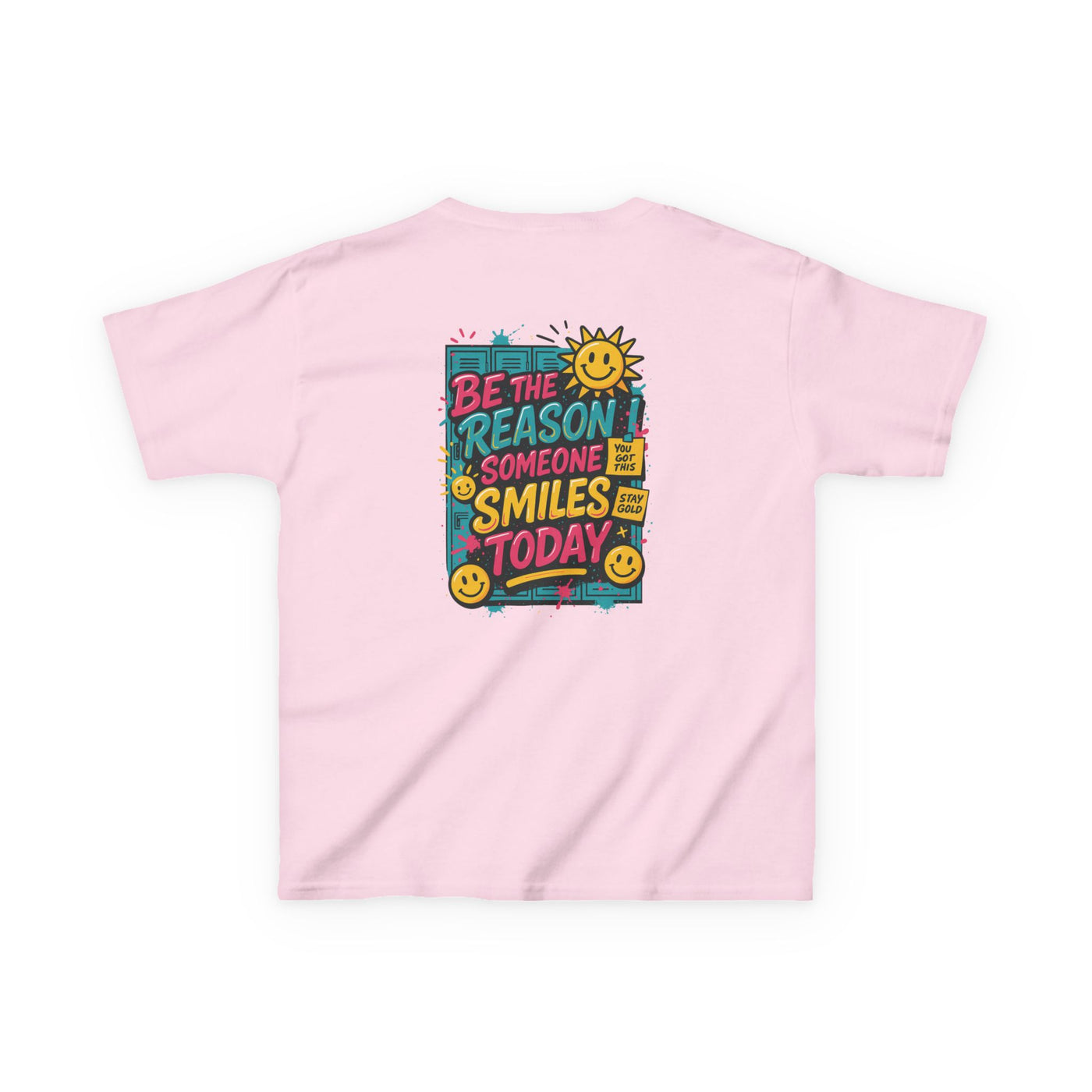 Kids' pink t-shirt with motivational message 'Be The Reason Someone Smiles Today' and cheerful sun design.