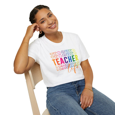 “Teacher Life” Rainbow Tee – Colorful Back-to-School Shirt for Educators 🍎✨