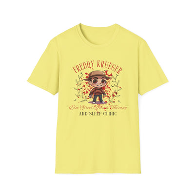 Freddy Krueger chibi Halloween tee in yellow featuring Elm Street Dream Therapy design.