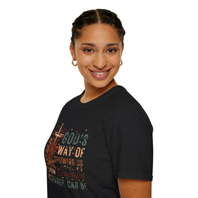Smiling woman wearing black tee with autumn-themed faith design, 'Autumn Is God's Way of Showing Us How Beautiful Change Can Be'