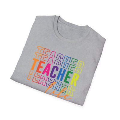“Teacher Life” Rainbow Tee – Colorful Back-to-School Shirt for Educators 🍎✨