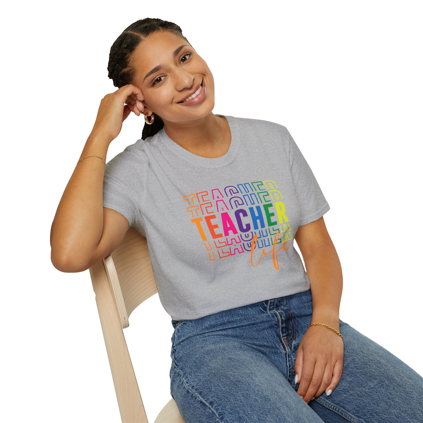 “Teacher Life” Rainbow Tee – Colorful Back-to-School Shirt for Educators 🍎✨