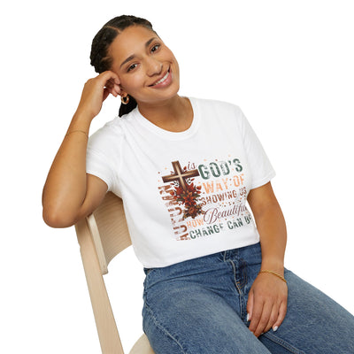 Smiling woman wearing a white tee with autumn faith design, celebrating change and seasonal style.
