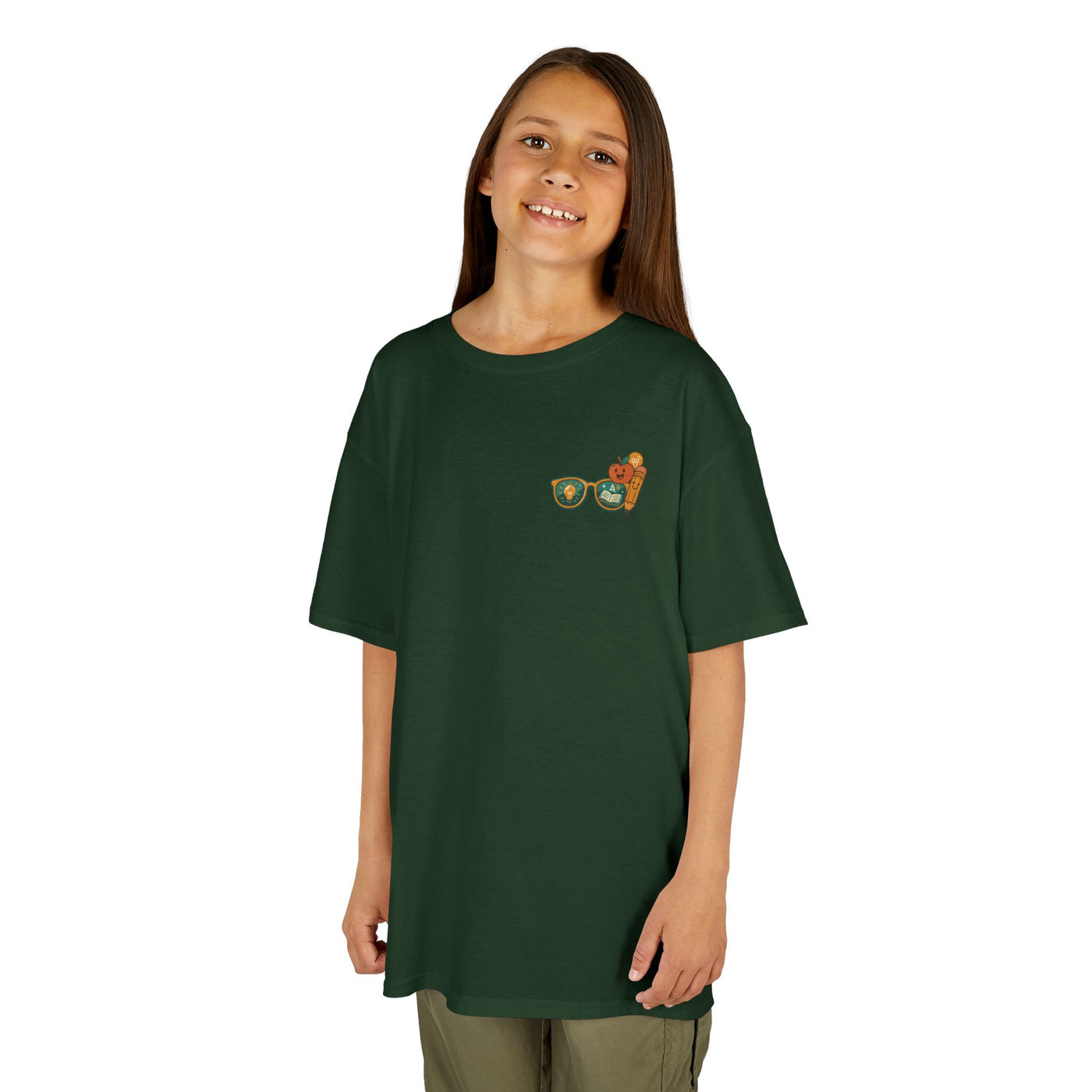 Smiling child wearing a green Smart Looks Good On Me t-shirt with graphic glasses, perfect for back-to-school style.