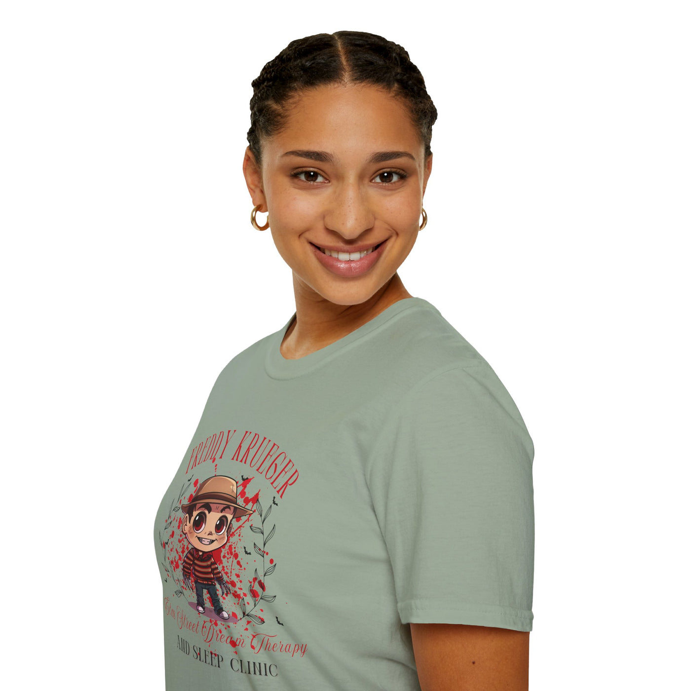 Model wearing Freddy Krueger Halloween tee featuring chibi design and Elm Street Dream Clinic graphic.
