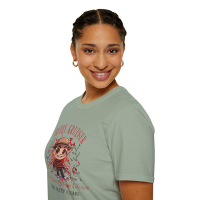 Model wearing Freddy Krueger Halloween tee featuring chibi design and Elm Street Dream Clinic graphic.